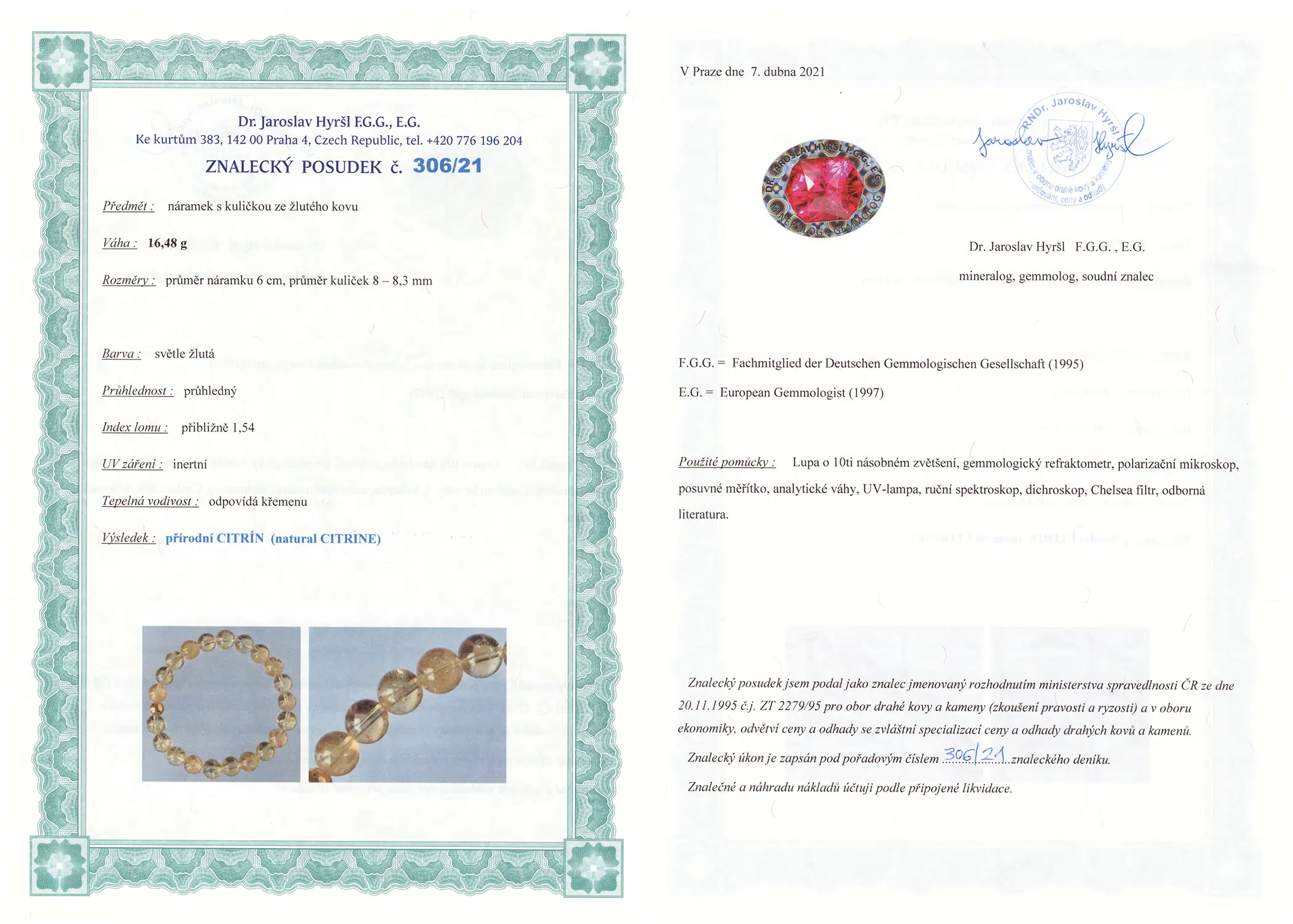 Certifikát pravosti Citrín
