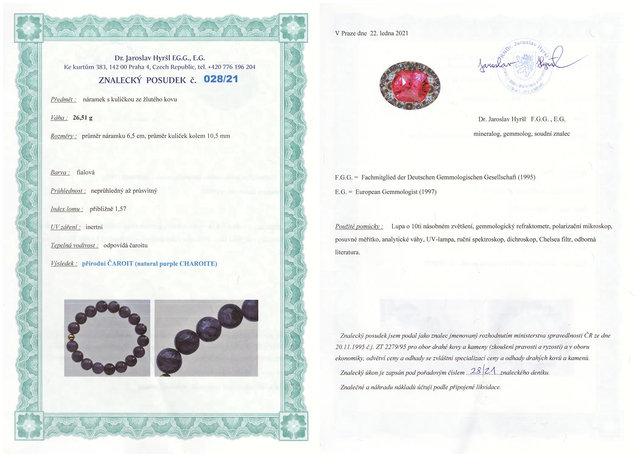 Certifikát pravosti Čaroit