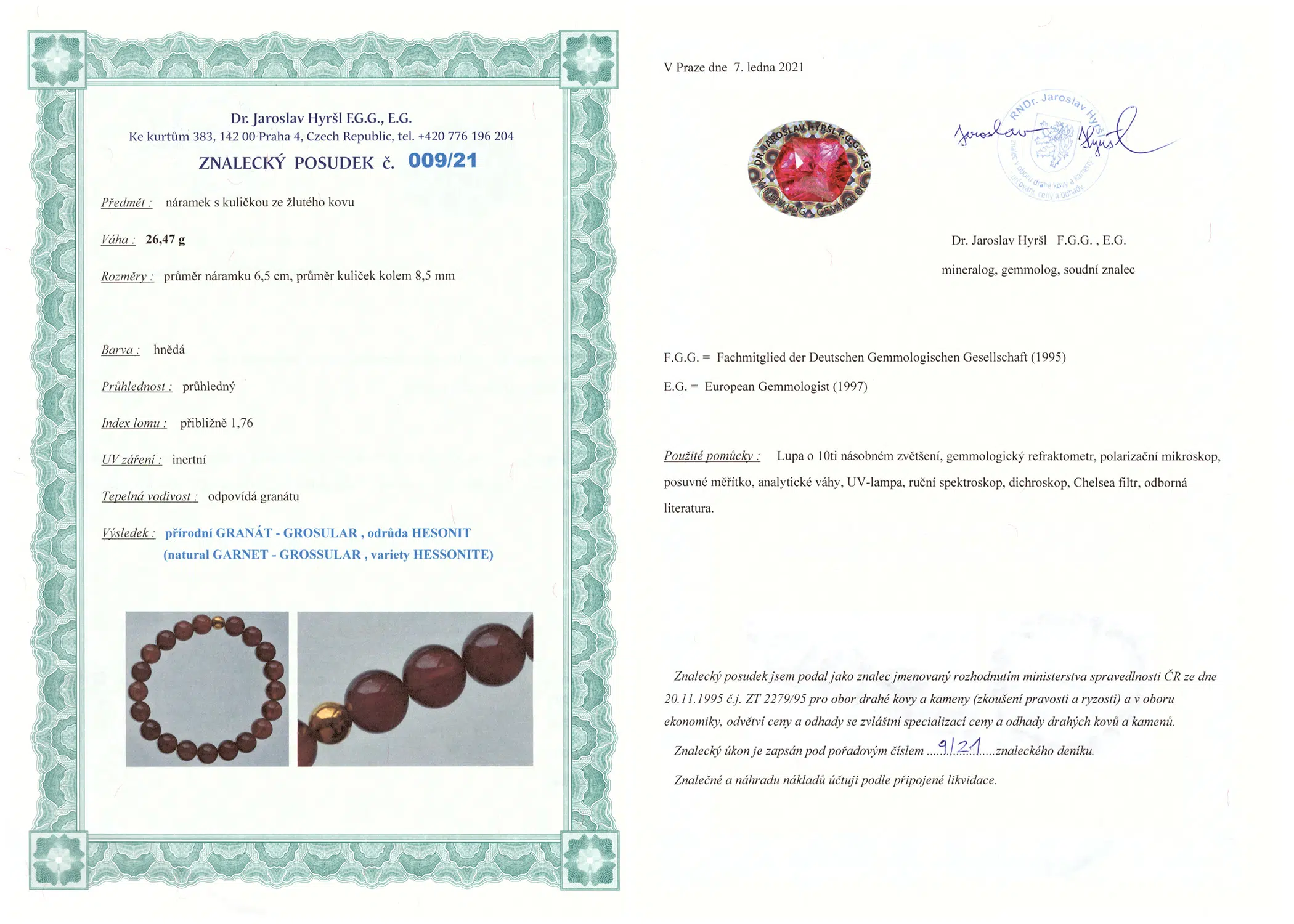 Certifikát pravosti Granát