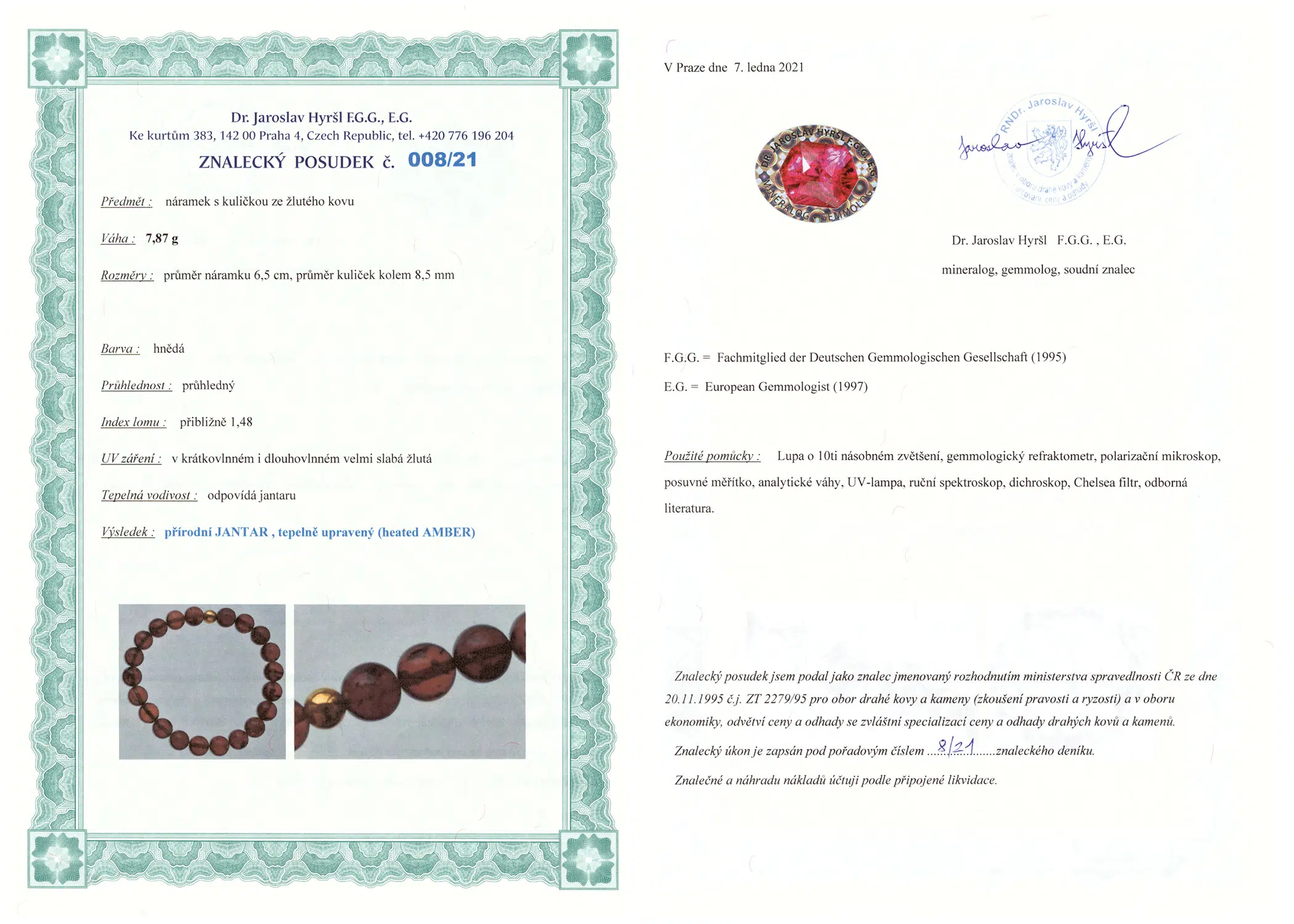 Certifikát pravosti Jantar