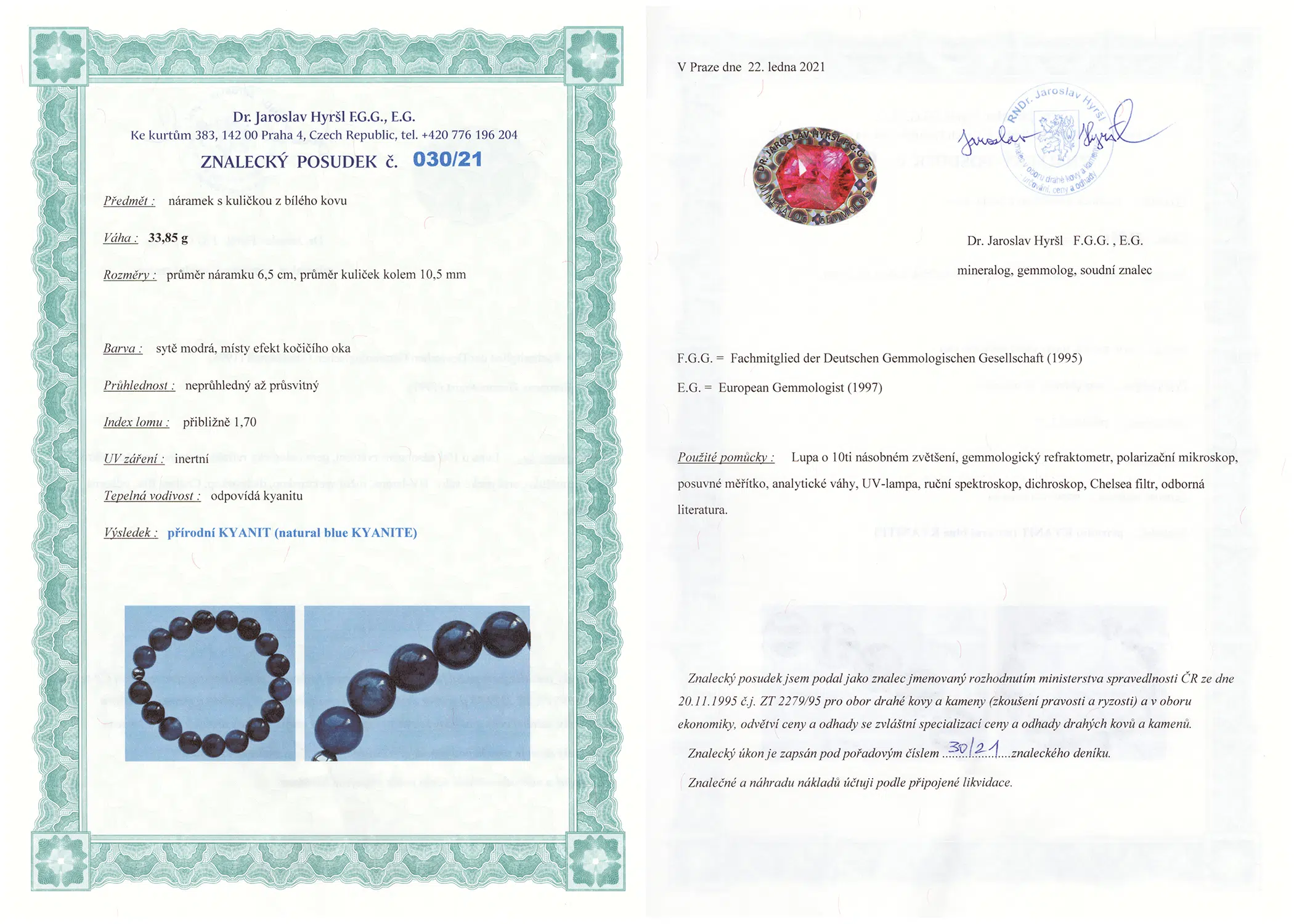 Certifikát pravosti Kyanit