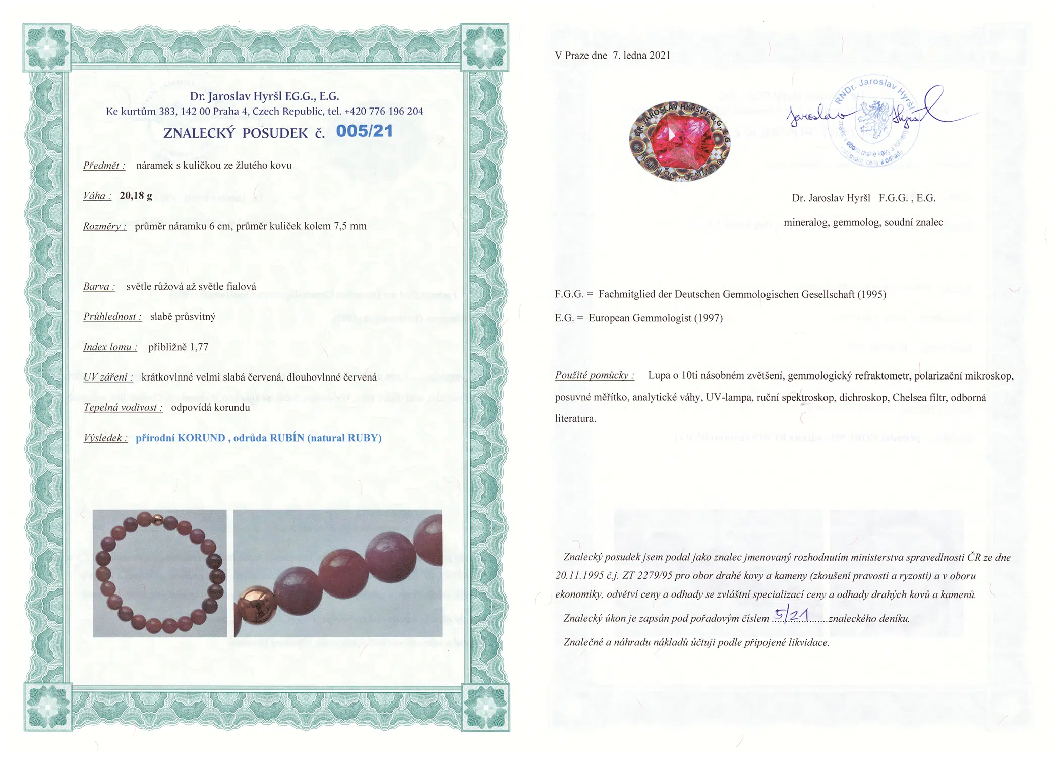 Certifikát pravosti Rubín