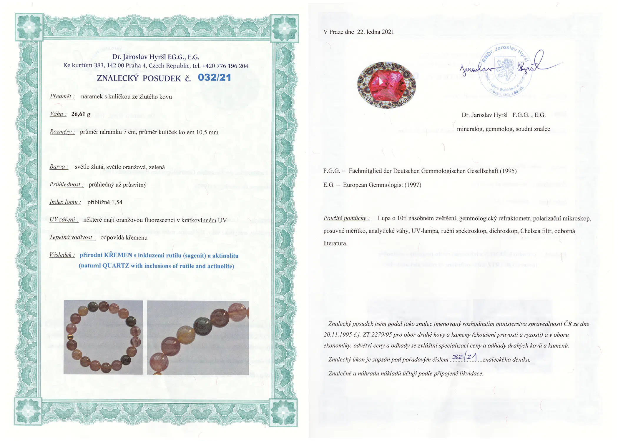 Certifikát pravosti Rutilový křišťál