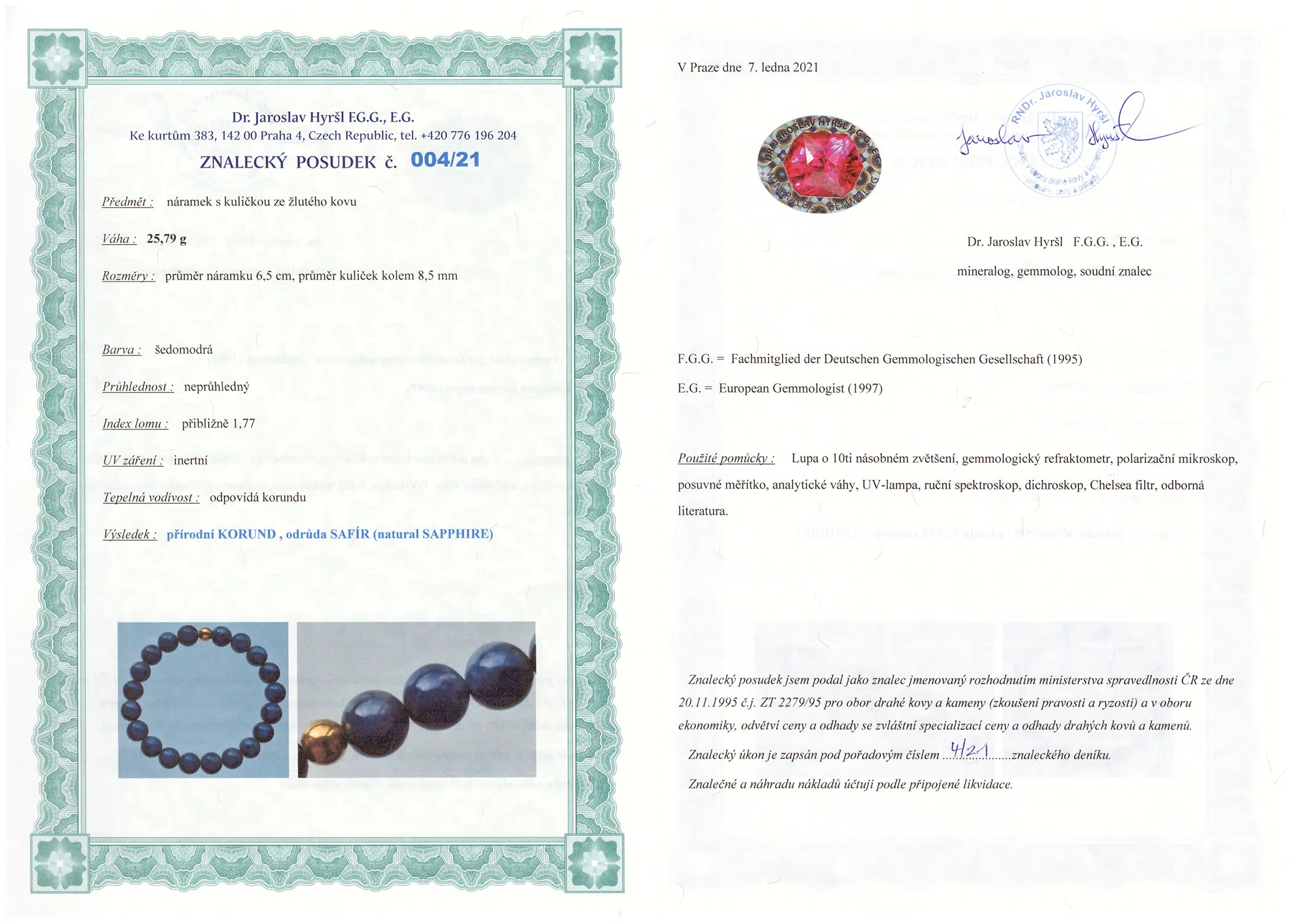 Certifikát pravosti Safír