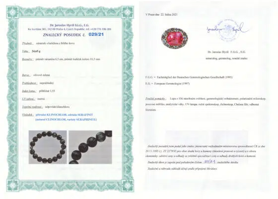 Certifikát pravosti Serafinit