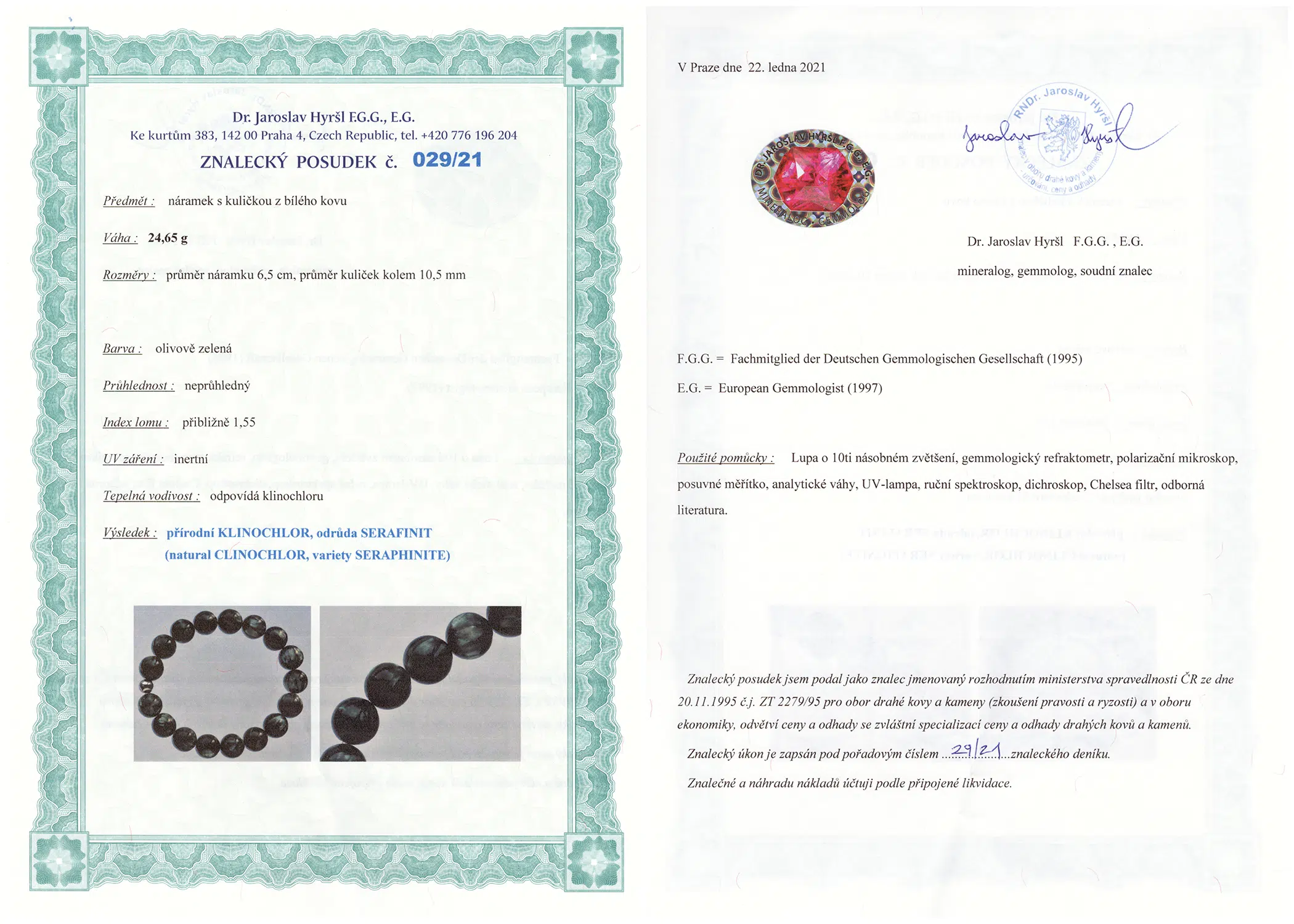 Certifikát pravosti Serafinit