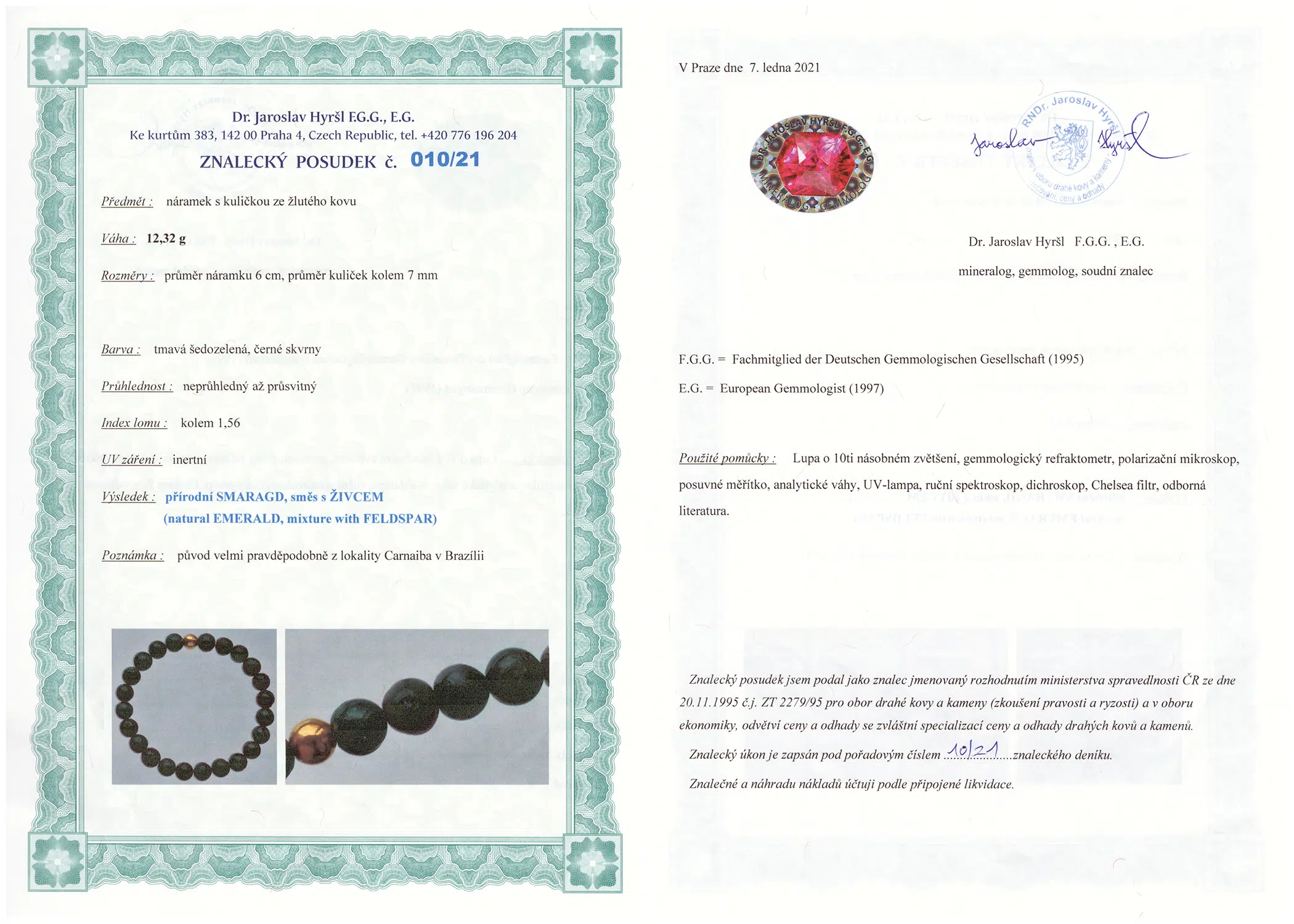 Certifikát pravosti Smaragd