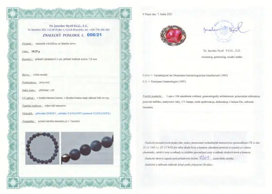 Certifikát pravosti Tanzanit