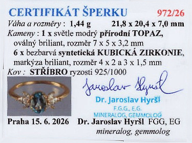 Certifikát pravosti kamene – Dámský prsten Modrý topaz Azura – stříbrný