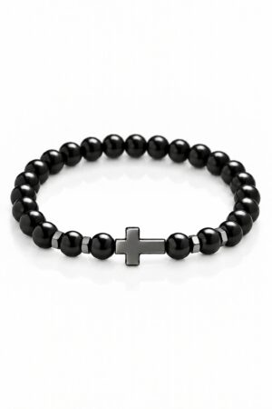 Pánský náramek Templar z obsidiánu a hematitu s křížkem